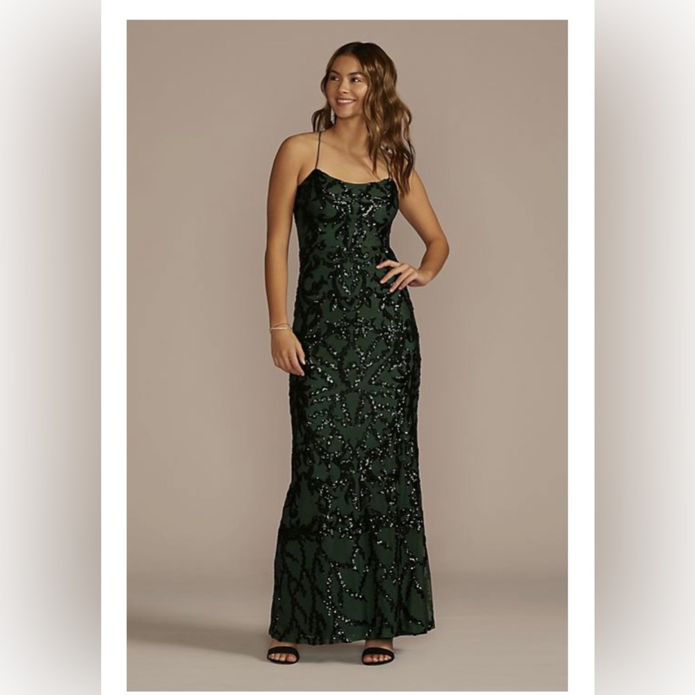 COPY - David’s Bridal spaghetti strap sequin patterned sheath dress in Hunter g…